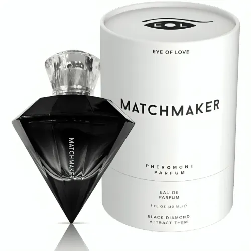 Black, diamond-shaped perfume bottle "Matchmaker" next to white packaging with the inscription "Eye of Love".