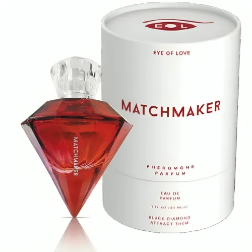 Rotes, diamantförmiges Parfümfläschchen mit weißer Verpackung, Aufschrift "Matchmaker".