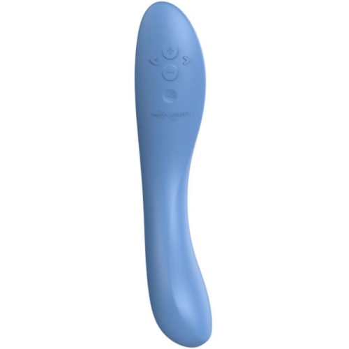 Blauer, ergonomisch geformter Vibrator mit Bedienelementen auf der Vorderseite.