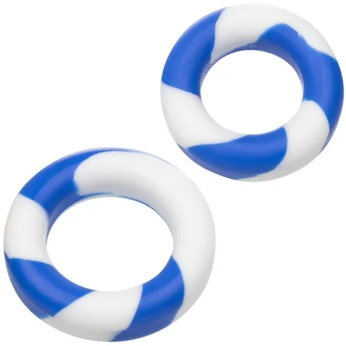 Two blue and white striped plastic rings on a white background.