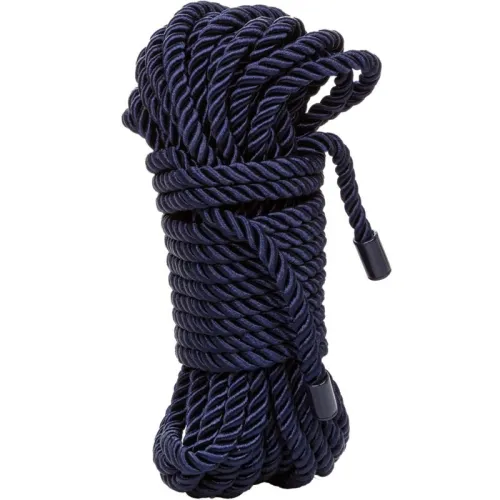 Dark blue twisted rope, neatly coiled, with plastic ends.