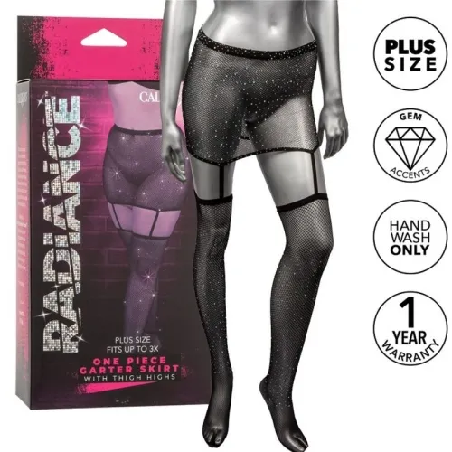 Black garter belt skirt with rhinestones, packaging and plus-size details, hand wash, 1 year warranty.