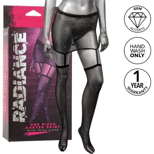 Black garter skirt with stockings, packaging in the background, hand wash symbols and 1 year warranty.