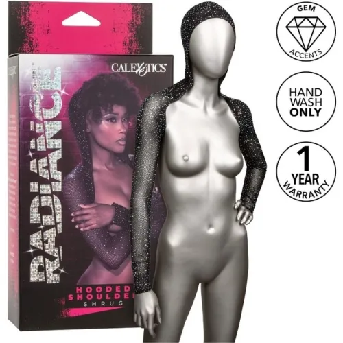 Black hooded bolero with rhinestones on mannequin, packaging and symbols for hand washing and warranty.