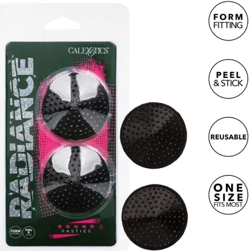 Packaging of black, round pasties with bumps, reusable, self-adhesive, one size fits most.