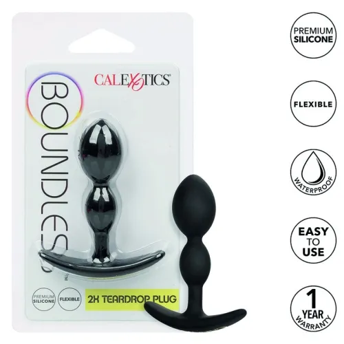 Verpackung von CalExotics Boundless 2X Teardrop Plug aus Silikon, flexibel, wasserdicht, einfach zu benutzen, 1 Jahr Garantie.