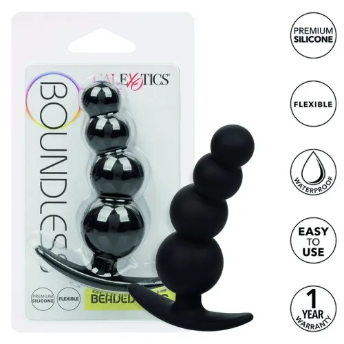 Black silicone anal toy with beads, packaged. Features: flexible, waterproof, easy to use, 1-year warranty.