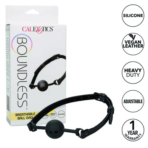 Packaging and product of a breathable ball gag made of silicone, vegan leather, adjustable, with a 1 year warranty.