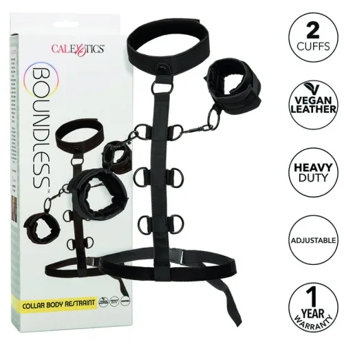 Black choker with cuffs, vegan leather, adjustable, packaging with text: "2 Cuffs, Heavy Duty, 1 Year Warranty".