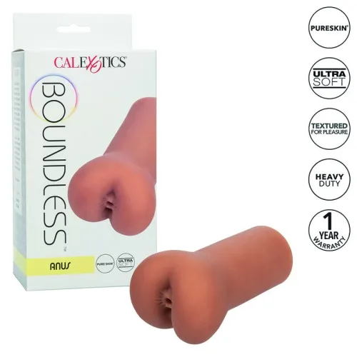 Verpackung und Produkt eines braunen Masturbators mit der Aufschrift "Boundless" und Eigenschaften wie "Ultra Soft".