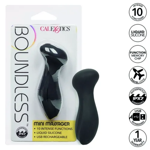 Verpackung eines schwarzen Mini-Massagers mit 10 Funktionen, aus Flüssigsilikon, USB-aufladbar, wasserdicht.