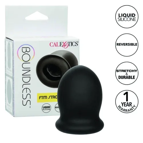 Black silicone product with packaging labeled "Boundless" and "FTM Stroker", features and warranty highlighted.