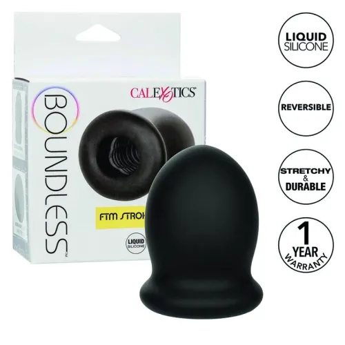 Black silicone product with packaging labeled "Boundless" and "FTM Stroker". Features: reversible, stretchable.