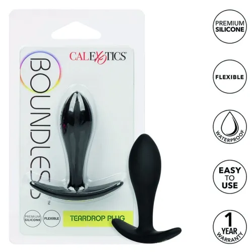 Black silicone teardrop plug in packaging, flexible, waterproof, easy to use, 1 year warranty.