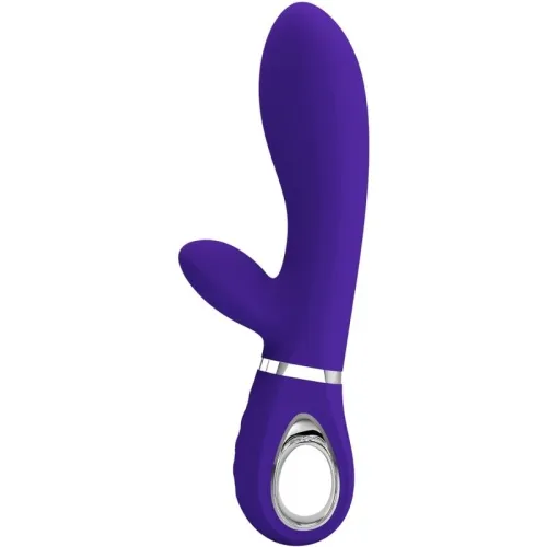 Purple vibrator with ergonomic design and two stimulation arms, silver accent and ring handle.