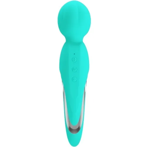 Turquoise massage wand with a rounded tip and control buttons on the front.
