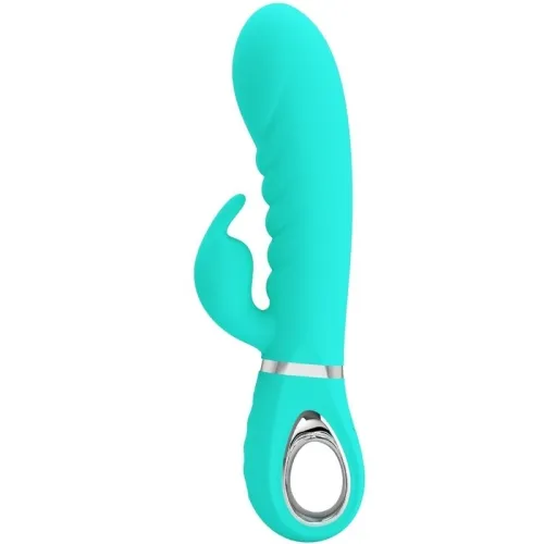 Turquoise vibrator with ergonomic design and handle opening, side stimulation arm and ribbed surface.