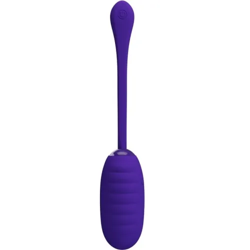 Lila, länglicher Vibrator mit gerippter Oberfläche und langem Griff, Ansicht von vorne.