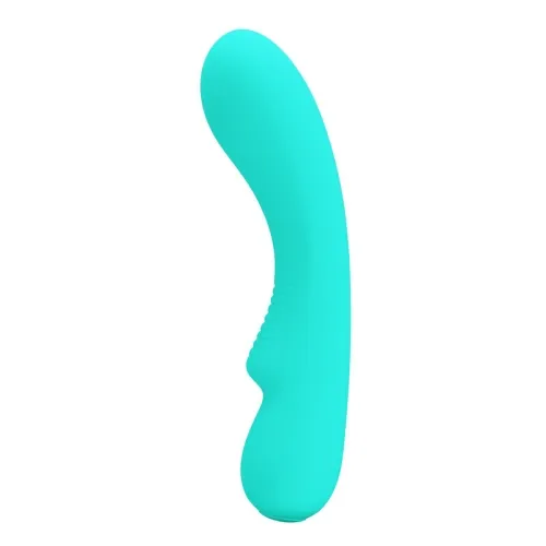 Turquoise, curved silicone massager with a smooth surface and textured handle, shown from the side.