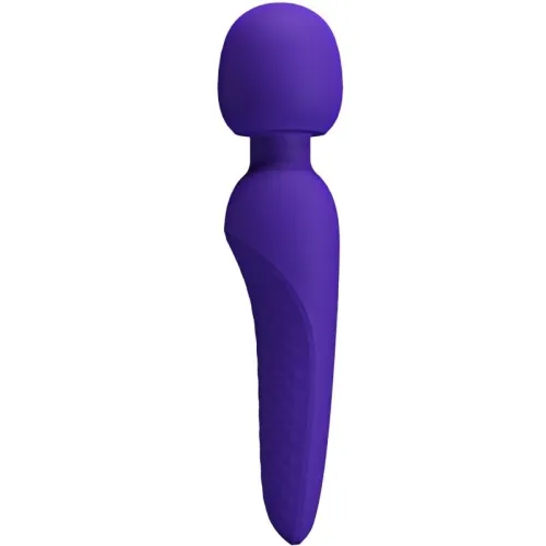 Lila Massagegerät mit rundem Kopf und ergonomischem Griff, seitliche Ansicht.