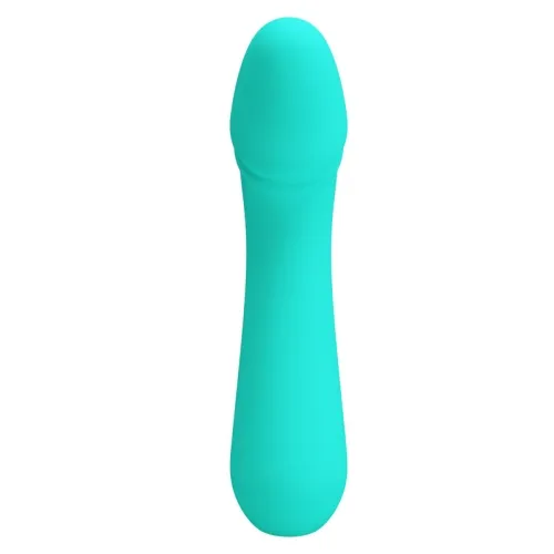 Turquoise, elongated object with a rounded tip on a white background.