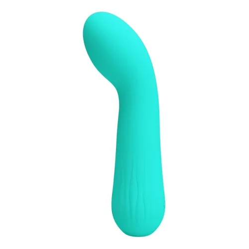 Turquoise, curved silicone vibrator with a smooth surface, shown from the side.