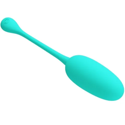 Turquoise, oval vibrating egg with a long, flexible handle and on/off button.