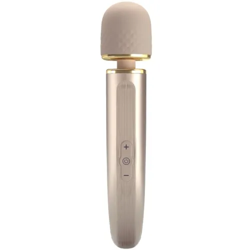 Beige massage wand with textured head and control buttons on the handle.