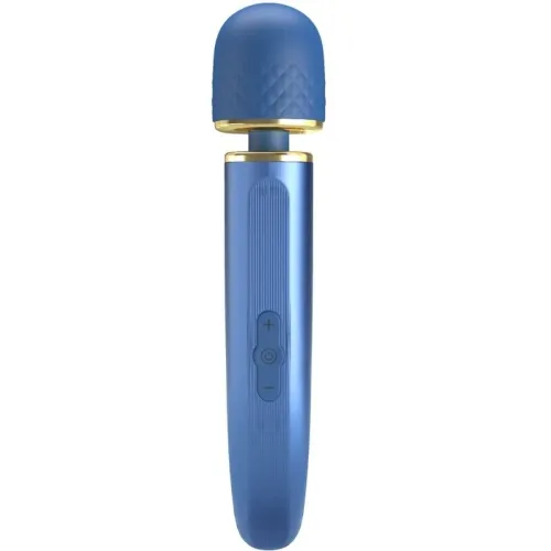 Blue massage wand with gold accents and control buttons on the handle.