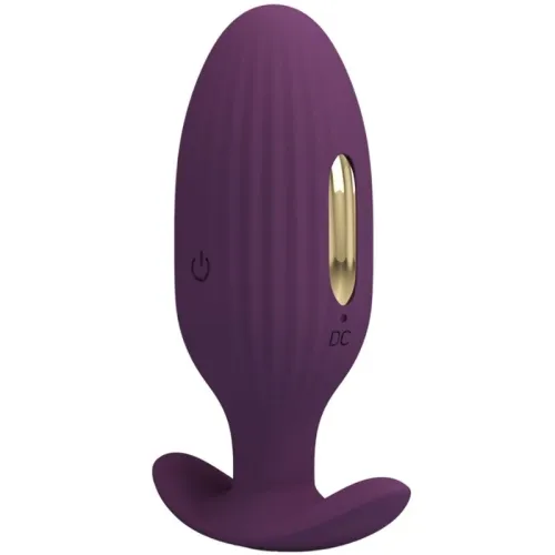 Purple, ribbed, oval device with gold accents and a stand; power and charging port visible.