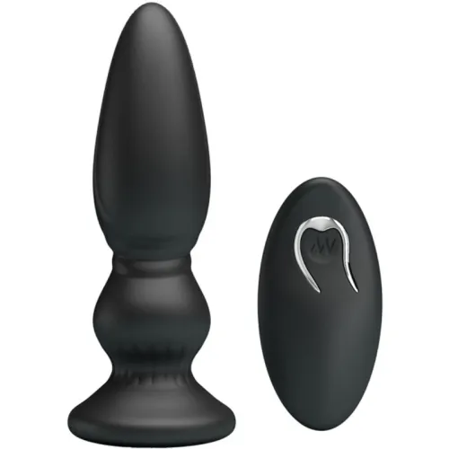 Black anal plug with remote control, both made of smooth material, on a white background.