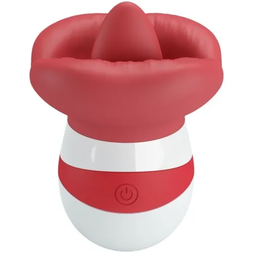 Red and white device with a round base and wide, soft attachment; power button visible.