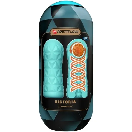Packaging of a blue, textured masturbator with the inscription "Pretty Love Victoria Caspar".