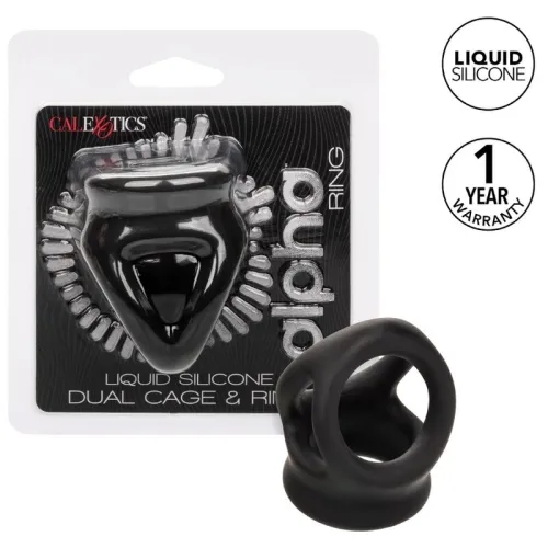 Verpackung und Produkt eines schwarzen Silikonrings mit 1 Jahr Garantie, Marke CalExotics.