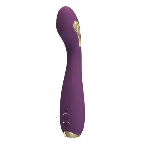 Purple vibrator with a curved shape and golden accents, three control buttons on the side.