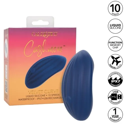 Blauer Vibrator "Velvet Curve" vor Verpackung, 10 Geschwindigkeiten, wasserdicht, USB-aufladbar, 1 Jahr Garantie.