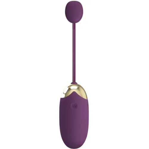Purple and gold vibrator with remote control, elongated shape, modern design.