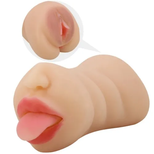 Silicone sex toy with mouth and vaginal opening, close-up of details.