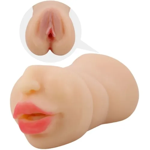 Sex toy in the shape of a torso with lips and a close-up of the intimate area.