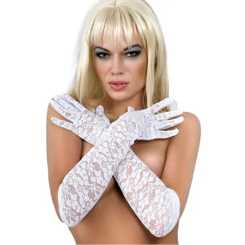 A blonde-haired woman wears white lace gloves and crosses her arms in front of her chest.