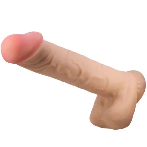 A skin-colored dildo with realistic details and a pink tip.