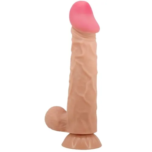 Realistic dildo with suction cup, skin-colored, pink tip, standing upright.