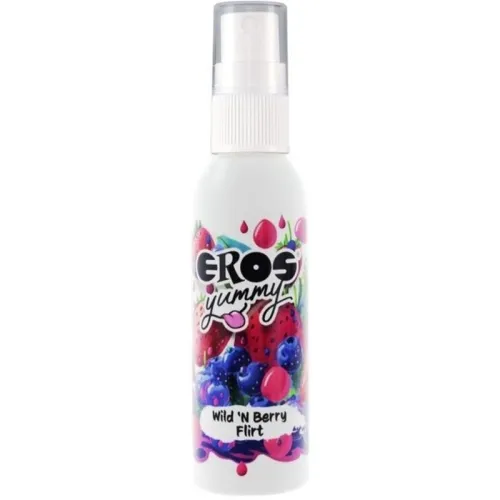 Spray bottle with Eros Yummy Wild 'N Berry Flirt design, colorful berries and drops on a white background.