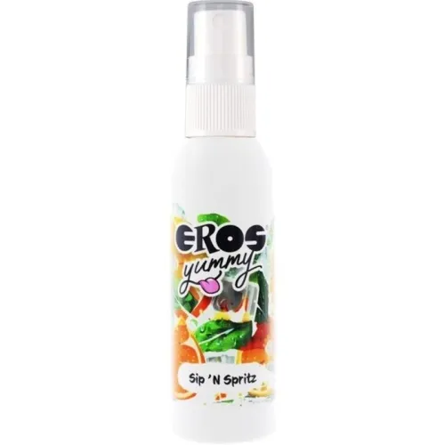 White spray bottle with the inscription "EROS yummy Sip 'N Spritz" and colorful fruit design.