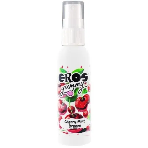 White spray bottle with cherry and mint design, inscription: "Eros Yummy Cherry Mint Breeze".