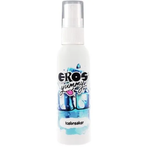 White spray bottle with the inscription "Eros Yummy Icebreaker" and blue ice cube illustrations.