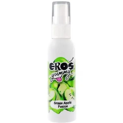 Spray bottle with a green apple motif and the inscription "EROS yummy Green Apple Fusion".