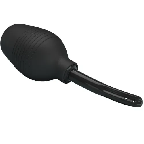 Schwarze Gummispritze mit langem, gebogenem Ausguss und geripptem Griff.