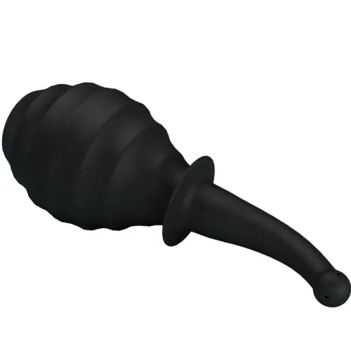 Black, ribbed rubber pump with a long, narrow spout, on a white background.