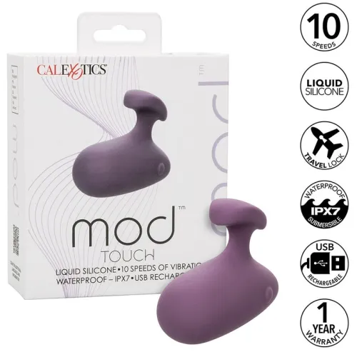 Purple vibrator in packaging, 10 speeds, waterproof, USB rechargeable, 1 year warranty.